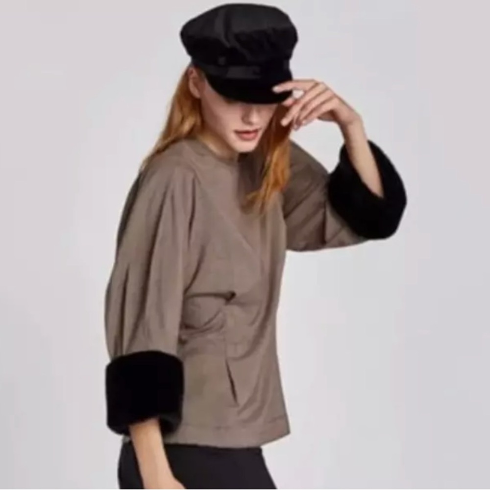 Zara Women’s Houndstooth Blouse XS - Chic Faux Fur Cuffs & Back Zipper